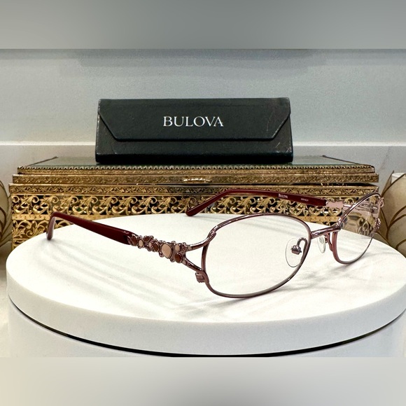 Bulova - Manila - Red/Light Brown Enamel-Embellished Rx Eyeglass Frames EUC case - Picture 1 of 17